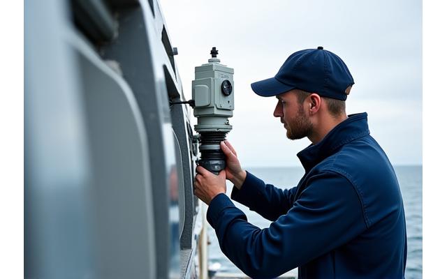 Technician calibrating meteorological equipment on a ship's deck